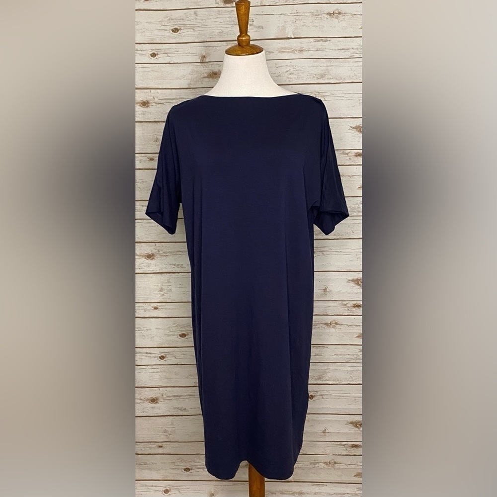 Eileen Fisher minimalist navy open-shoulder t-shirt shift dress Size Small
